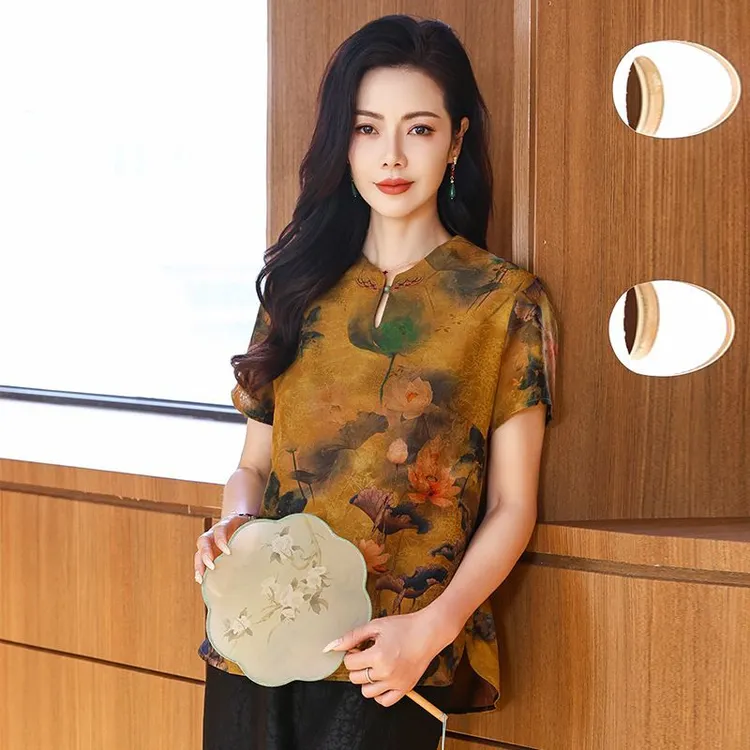 王小鸭2025夏季新款短袖上衣女气质复古设计感花色轻薄中老年女装