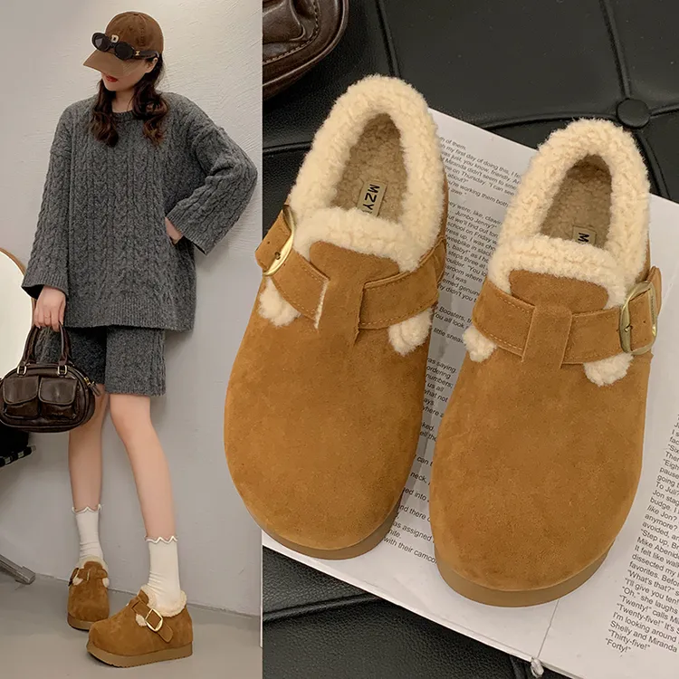 厚底显高勃肯厚底毛毛勃肯鞋女2025冬季新款加绒保暖一脚蹬懒人豆豆鞋棉鞋