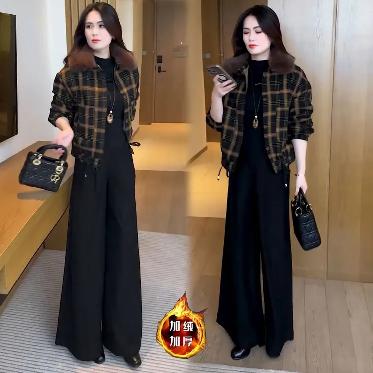 加绒加厚格子短外套女2025秋冬新款洋气小个子短款加厚保暖上衣潮