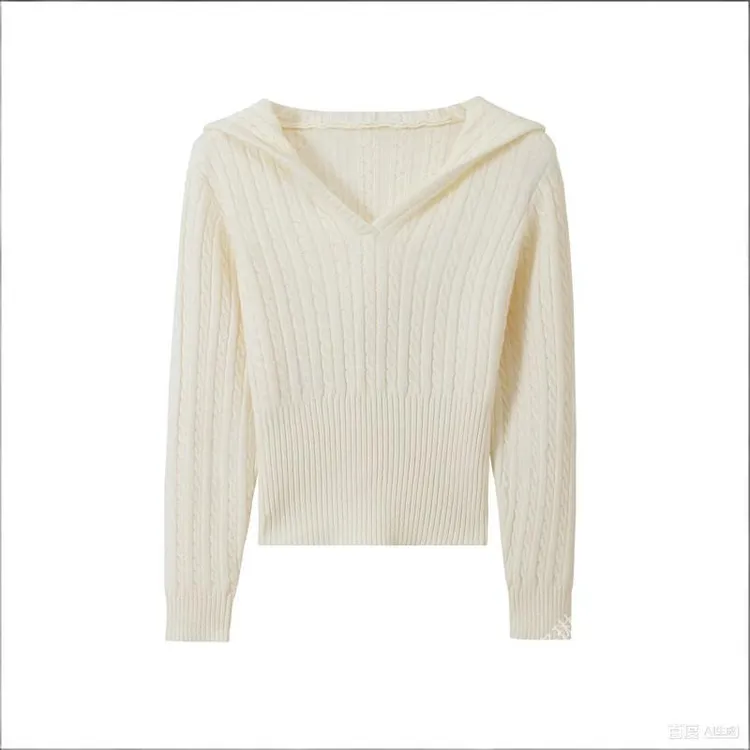 V领连帽套头针织毛衣新款修身简约时尚百搭短款女韩版上衣K1-51