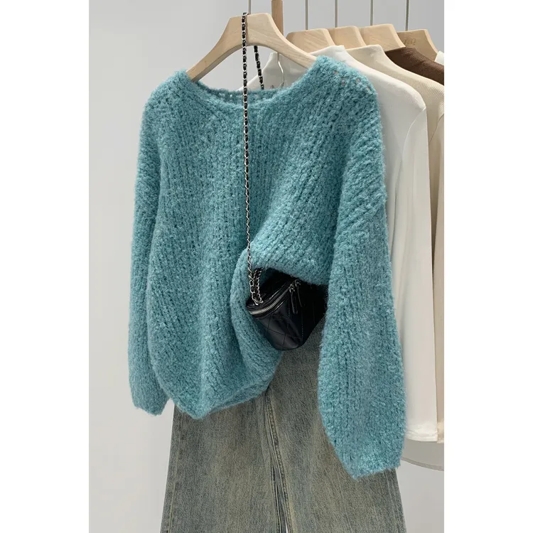 hello现货慵懒松弛感套头毛衣V领长袖针织衫女秋冬新款宽松显瘦上