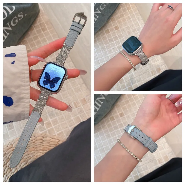 高级镶钻轻奢表带适用苹果Applewatchs10真皮腕带iWatch9小香风87