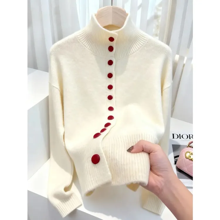 2025秋冬季新款洋气时髦设计感单排扣长袖毛衣针织衫显瘦时尚上衣