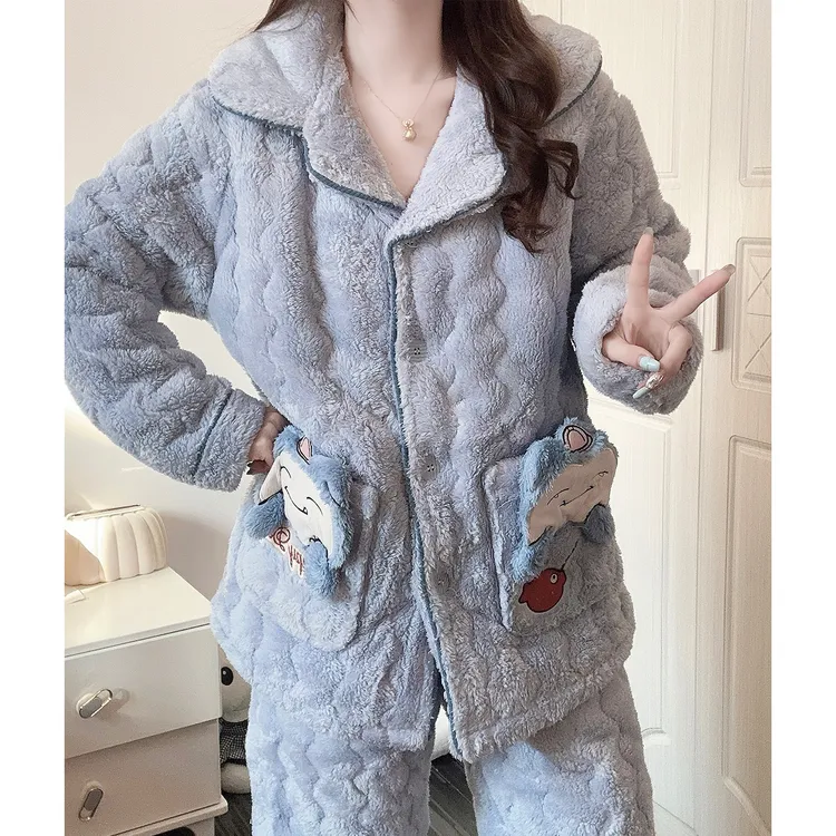 冬季睡衣女加厚三层夹棉2025新款保暖珊瑚绒卡通少女家居服套装