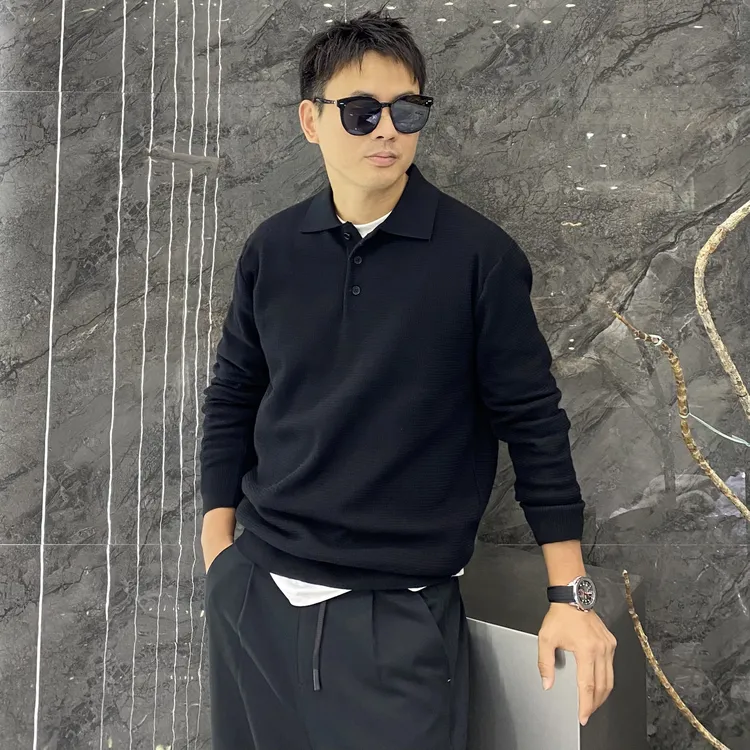 秋冬极简风三粒扣纯棉套头修身翻领Polo衫休闲百搭痞帅纯色针织衫