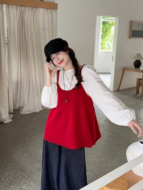 大码女装秋季韩版洋气时尚减龄宽松显瘦娃娃衫+针织吊带两件套女
