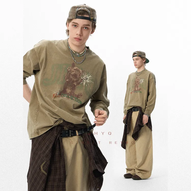 【JHYQ】破镜法斗 美式复古秋季长袖T恤男重磅犬趣味印花上衣116