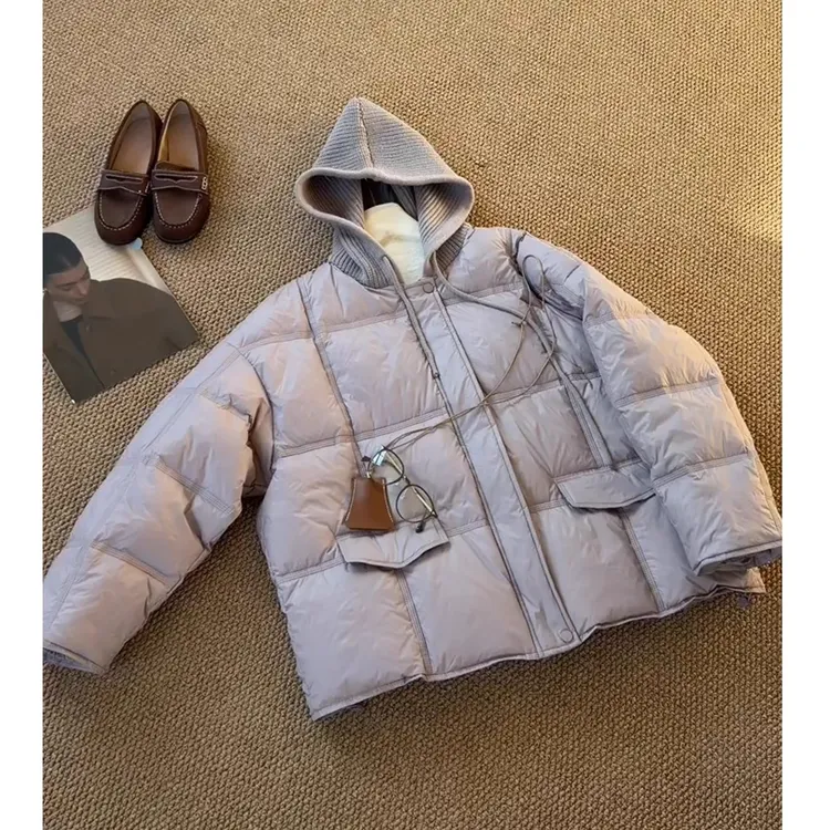 紫色针织连帽羽绒服女2025冬季新款爆款小个子韩系高级感温柔上衣