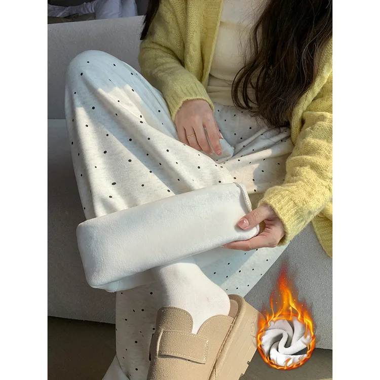 米白色波点糯米裤女春季2025新款垂感休闲小个子软糯加绒阔腿裤