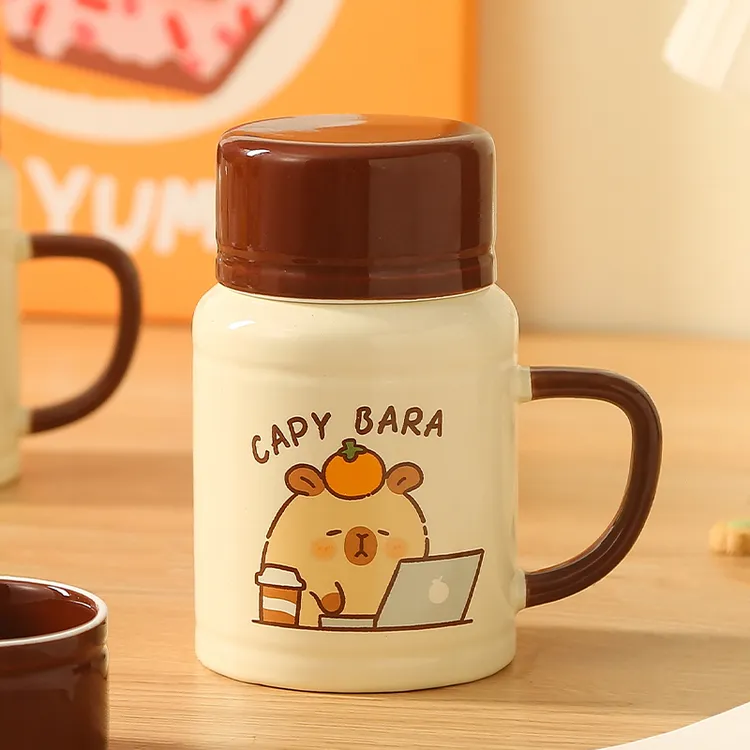 卡皮巴拉水壶杯子带盖可爱马克杯陶瓷水杯家用办公室咖啡早餐杯男