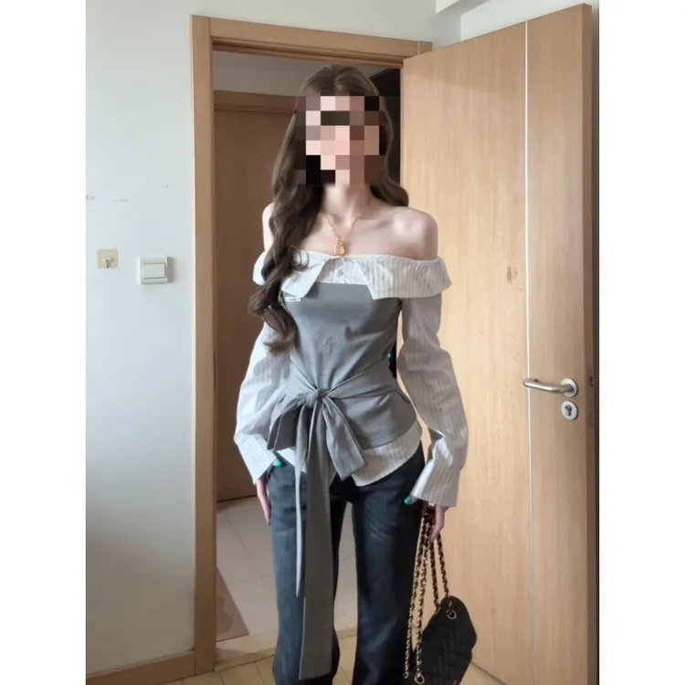 parkyeon时尚独特设计感拼接一字肩上衣早秋季修身牛仔裤两件套