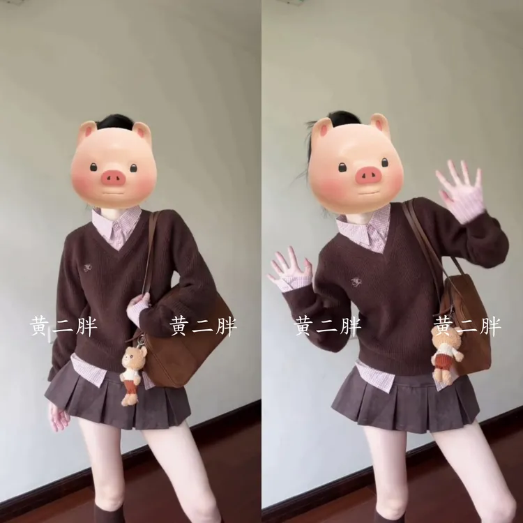 韩系美拉德秋冬新款套装女polo领拼接假两件针织衫咖色毛衣+裙子