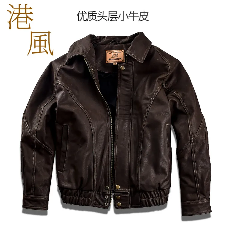 oversize港风男女情侣款真皮皮衣头层小牛皮改良飞行服复古做旧