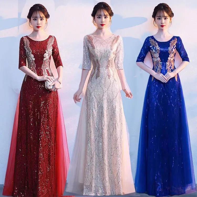 大合唱团演出服女长裙红歌比赛服装红色新款朗诵指挥主持人晚礼服