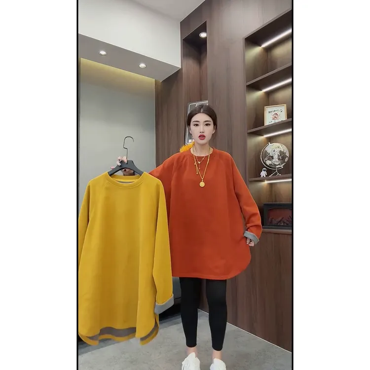 彩色净版侧开叉卫衣时尚百搭宽松中长款圆领春秋
