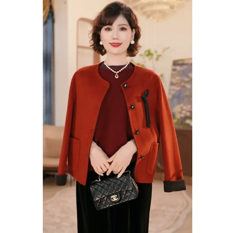 中年妈妈秋冬小香风毛呢外套2025新款洋气中老年女装羊毛双面呢