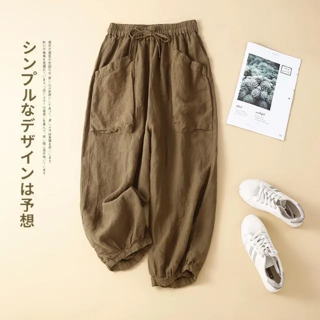 【现货运费险】棉麻休闲裤哈伦裤阔腿裤高腰春夏松紧夏季薄款九分裤