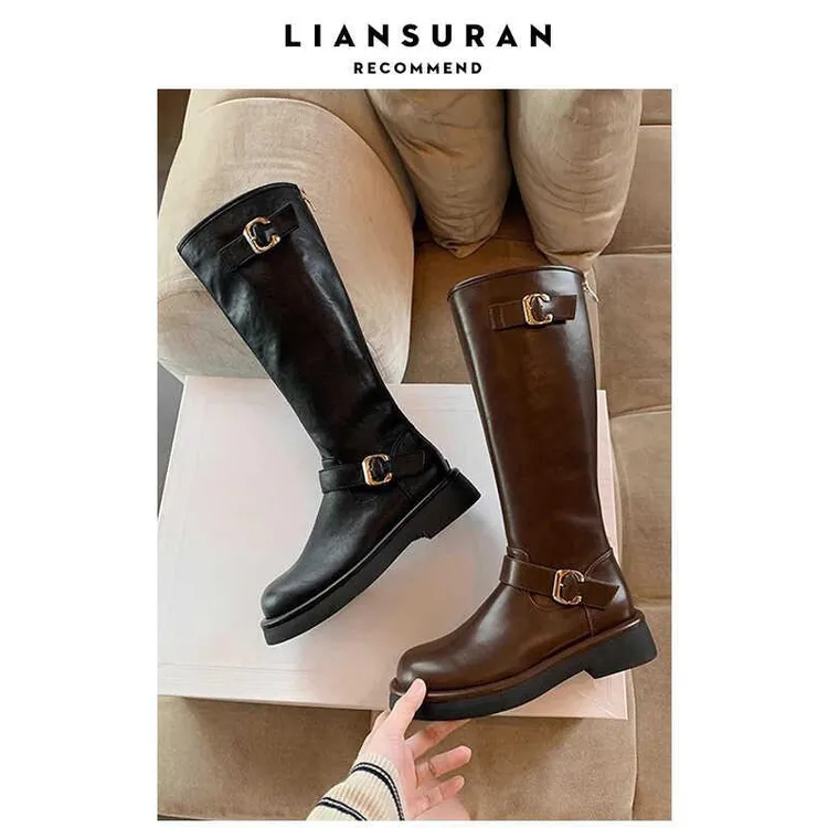 超好吖~皮带扣骑士靴高筒2025秋冬新款棕色美拉德长筒不过膝长靴