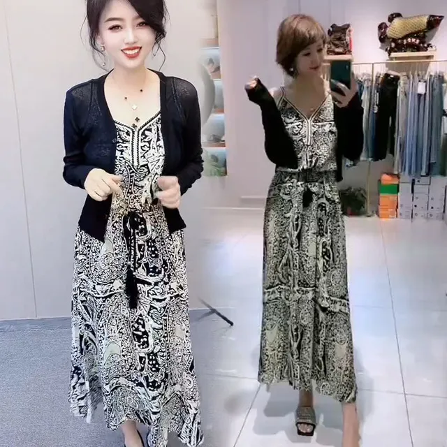 时尚套装裙2023年夏季新款长款过膝文艺沙滩吊带裙外披两件套女潮