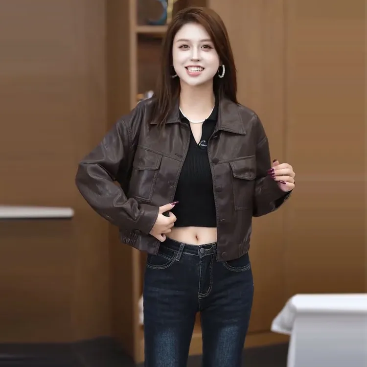 时尚短款皮衣女秋季新款洋气多口袋小个子气质百搭炸街PU皮机车服