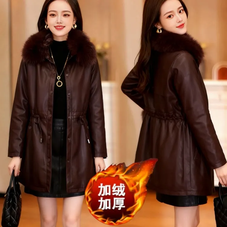 秋冬毛领冬季时尚新款洋气加绒加厚皮衣显瘦2025中长款收腰外套潮
