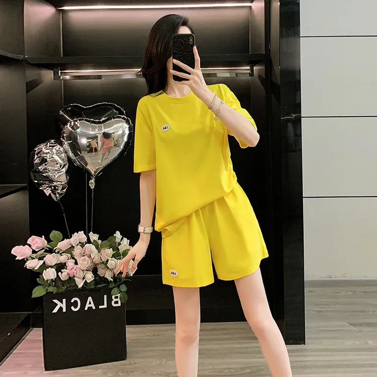 韩版显瘦2025夏季新款黄色圆领字母短袖上衣短裤休闲运动套装女