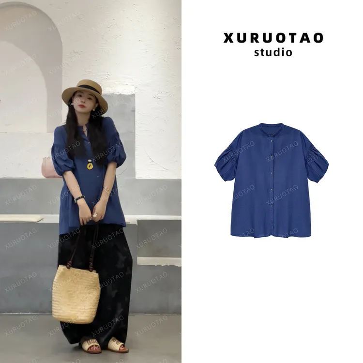 XURUOTAO 【回忆西西里】苎麻设计显瘦休闲蓝色衬衫上衣  T5275