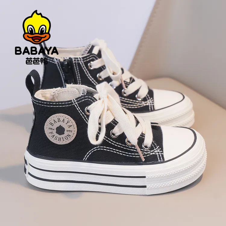 芭芭鸭儿童高帮帆布鞋系带休闲鞋2025春季新款单鞋薄款女童小白鞋