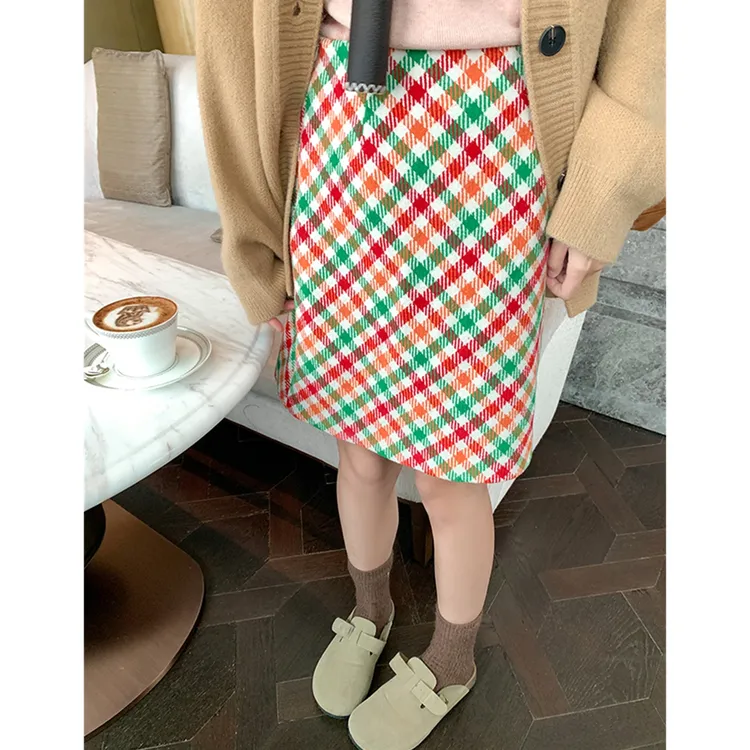 韩系彩色格子高腰半身裙女秋冬季高腰显瘦包臀裙a字裙短裙