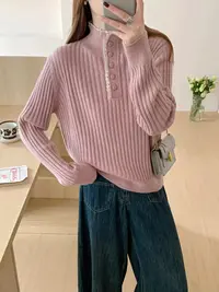 冬季新款竖条蕾丝花边半开领毛衣针织衫百搭时尚长袖