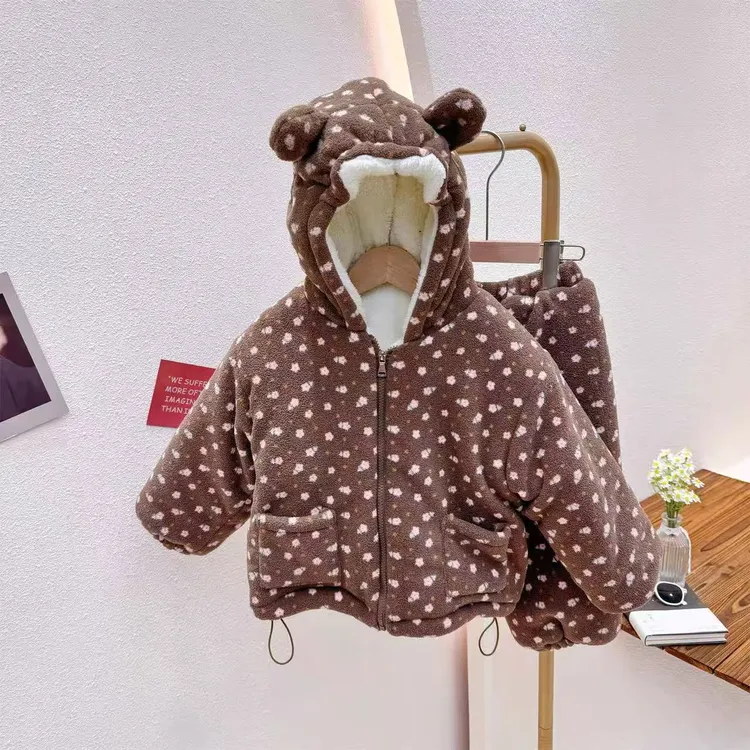 满印秋冬条纹女宝拉链冬季女套装童装厚款韩版加绒加厚保暖冬款