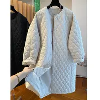 【运补5】高级感过膝长款无领菱格棉服女款宽松休闲慵懒风外套