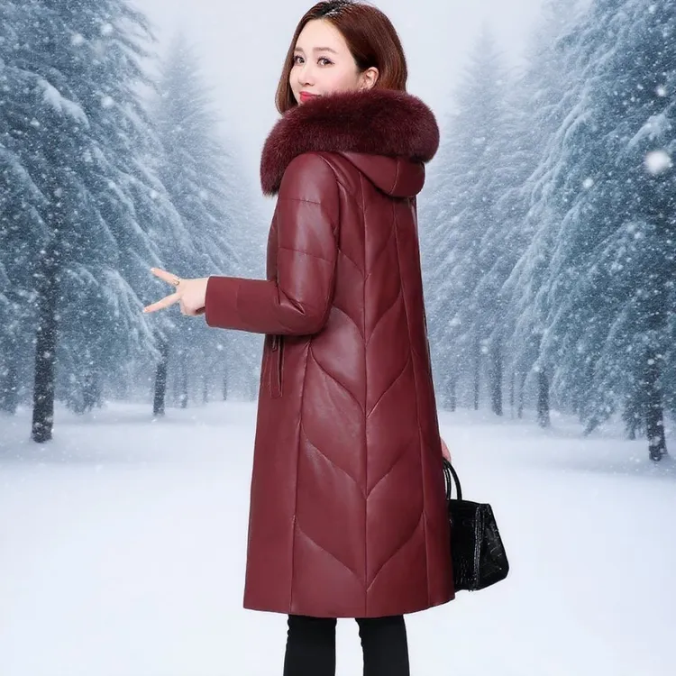 海宁真皮羽绒服女2025新款冬季修身妈妈皮草中长款绵羊皮外套皮衣