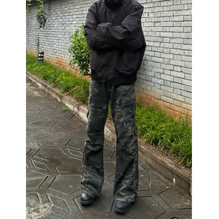 美式高街迷彩牛仔裤男cleanfit裤子百搭显瘦阔腿裤vibe直筒工装裤