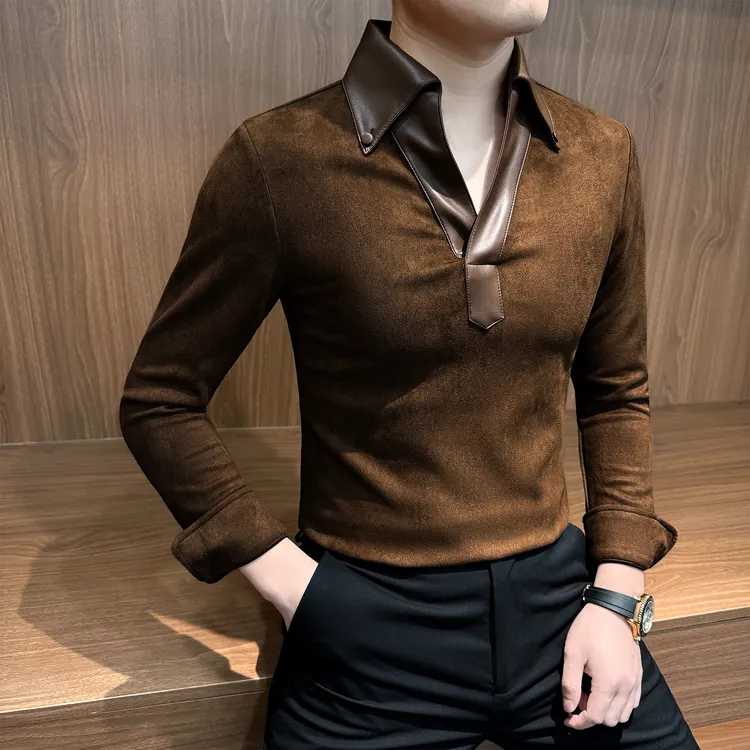 pu皮拼接衬衫领打底衫长袖男款秋冬新款潮流痞帅高级感V领男士T恤