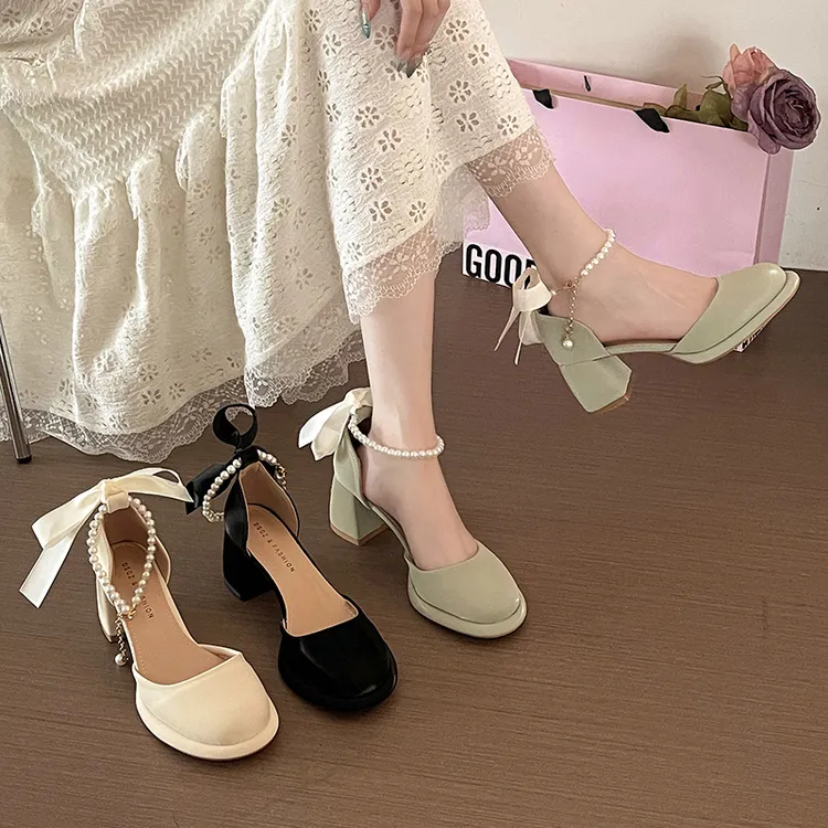 法式蝴蝶结高跟浅口单鞋女2025春夏季新款粗跟珍珠高级感玛丽珍鞋