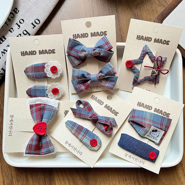 韩系儿童格纹可爱发夹少女学院风布艺蝴蝶结甜美发卡BB发夹百搭款