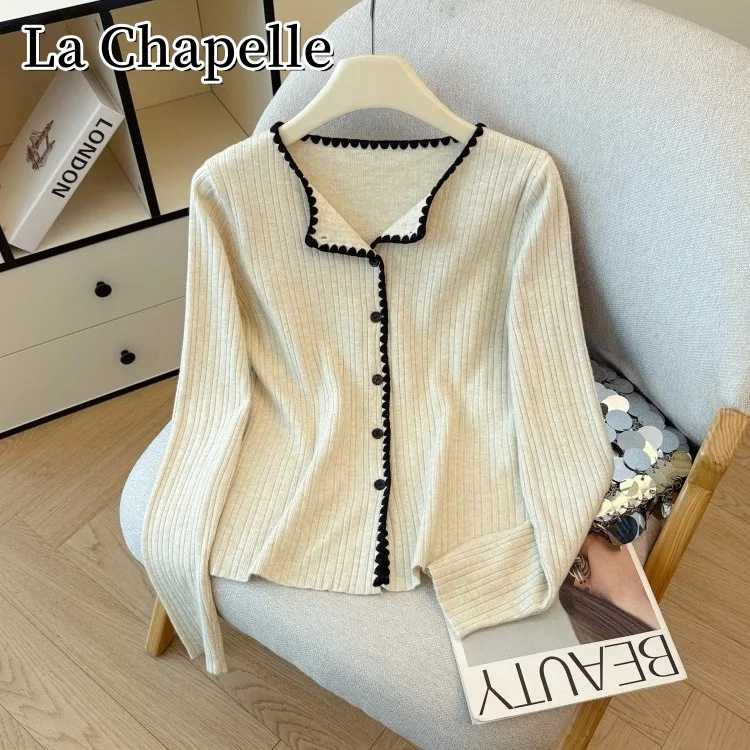 拉夏贝尔秋季设计感撞色翻领针织开衫女气质百搭显瘦圆领长袖上衣