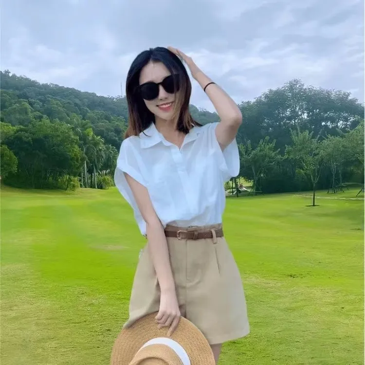 2025新款飞袖短衣高腰松裤小个子女休闲潮流夏季新款设计感衬衣套