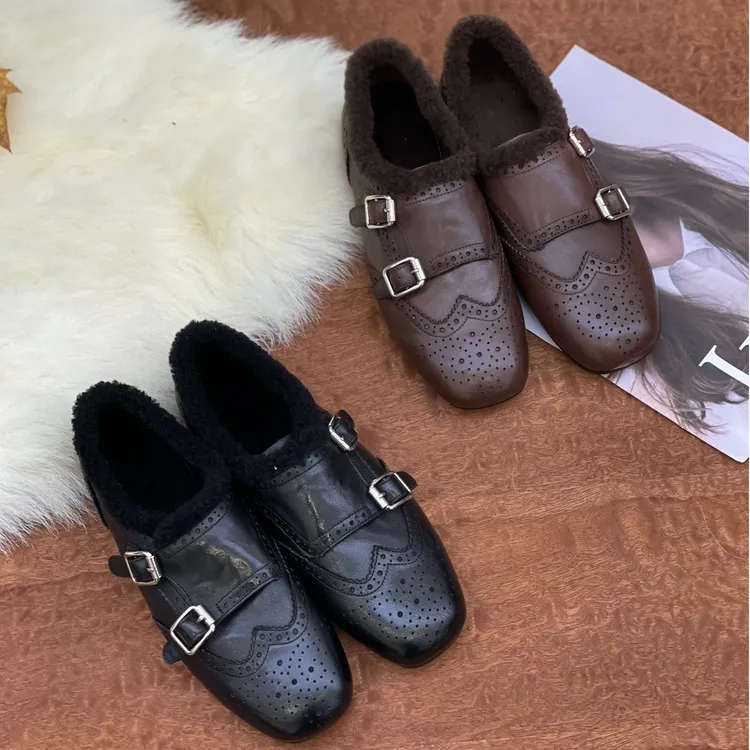 {茵茵家}【加绒双扣】头层小牛皮巴洛克复古英伦风金属扣乐福鞋皮鞋