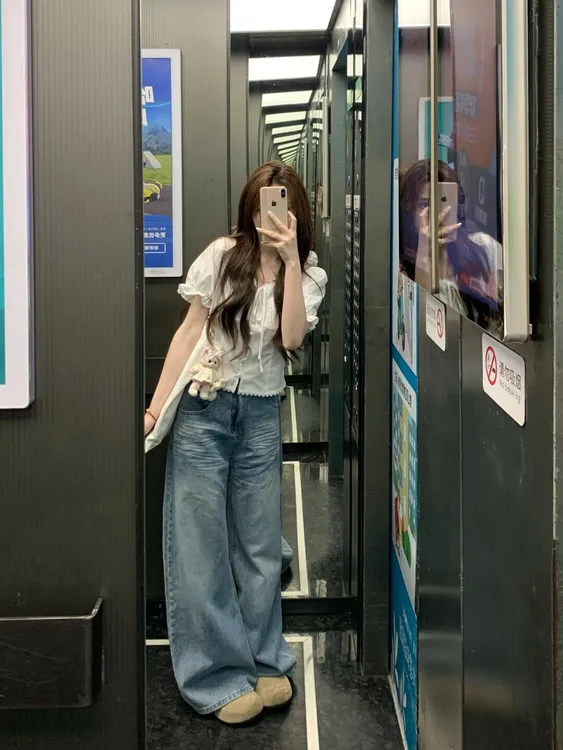 【梦游记】韩系夏季泡泡袖短袖短款衬衫小众衬衣高腰蓝色牛仔裤套装