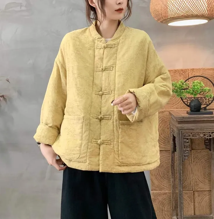 晓妍》复古提花棉麻盘扣棉衣宽松立领黄色国风棉服保暖棉袄外套