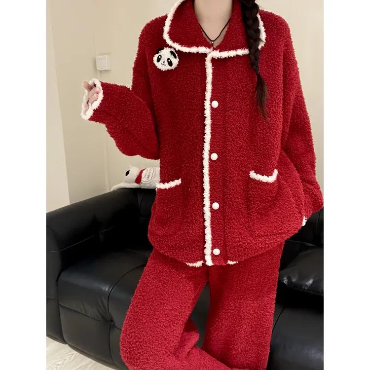 新年红色毛衣开衫半边绒睡衣女秋冬新款针织可外穿保暖家居服套装