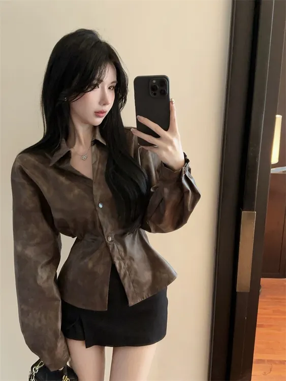 美式复古扎染polo领短款皮衬衫外套女秋季辣妹后露高级感上衣外穿