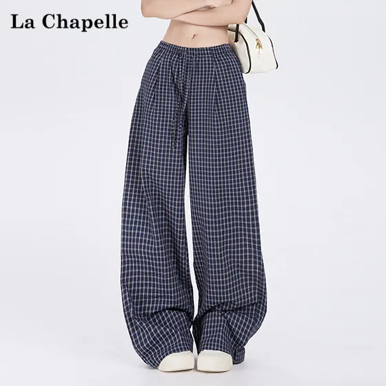 【拉夏贝尔】美式复古蓝色格纹阔腿休闲裤女秋季新款低腰宽松长裤子