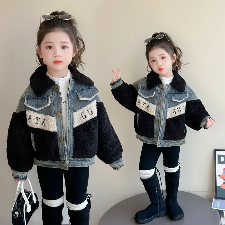 女童加厚牛仔外套夹棉儿童拼接毛毛上衣小女孩宝宝秋冬装2025新款