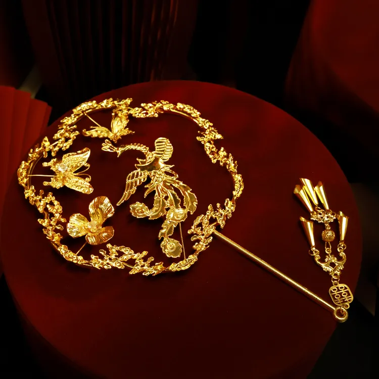 合金婚庆饰品 金色团扇新娘配饰结婚喜扇花朵小巧中式扇子MT0176