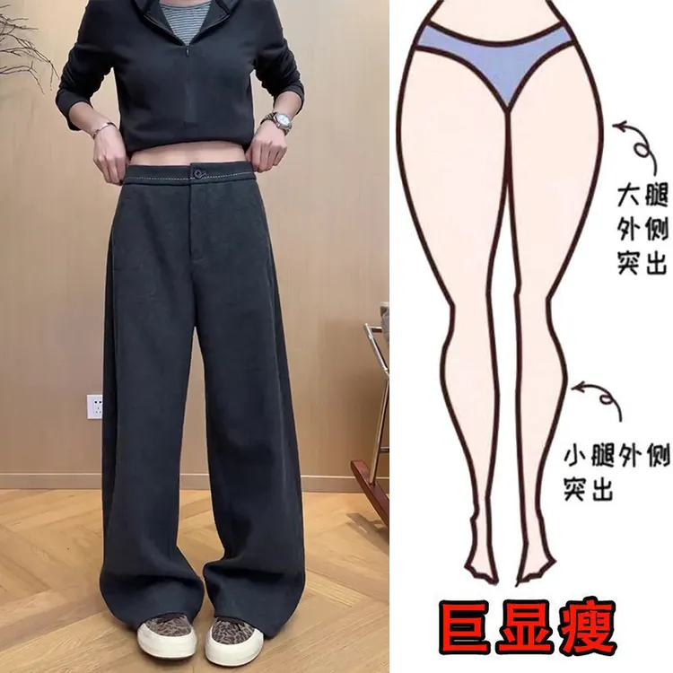 冬季新款宽松遮肉显瘦加绒毛呢直筒裤梨形身材显瘦高腰阔腿休闲裤