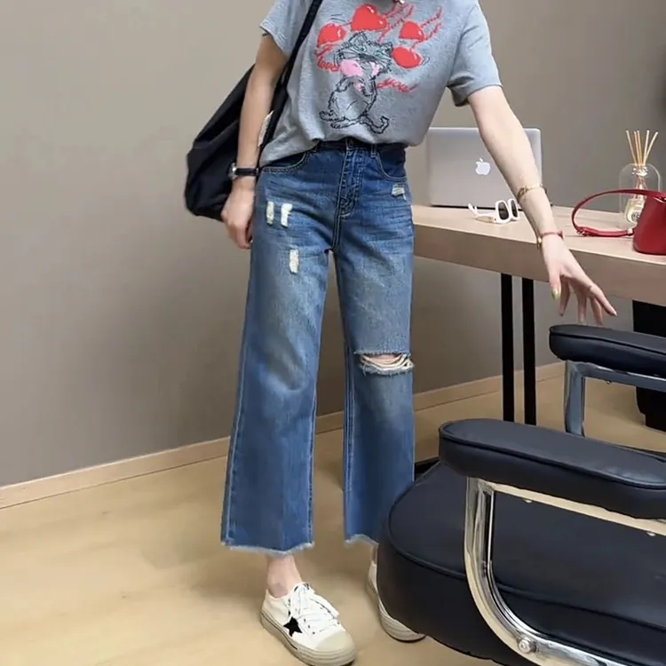 2025夏季新款破洞直筒裤潮流减龄窄版阔腿裤毛边九分薄款牛仔裤子