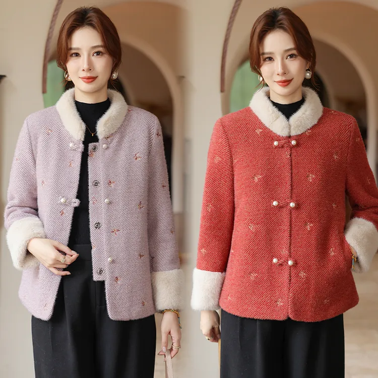 时尚妈妈装毛呢立领外套加绒加厚2025冬水貂绒中老年女装保暖上衣